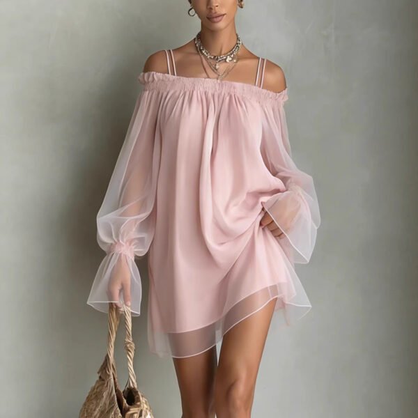 48a1239b-0067-4e75-8c7a-773a564edca2.jpg Off-shoulder Loose-fit Pleated Boatneck Dress