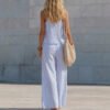 Lace V-neck Pleated Striped Loose-fitting Slimming Wide-leg Pants Set