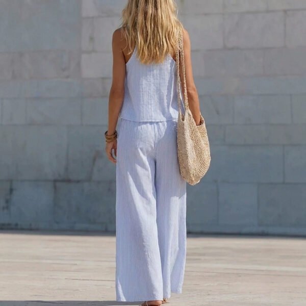 Lace V-neck Pleated Striped Loose-fitting Slimming Wide-leg Pants Set