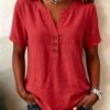 Casual Loose-fit Cotton-linen V-neck Button-up Top
