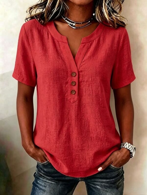 Casual Loose-fit Cotton-linen V-neck Button-up Top