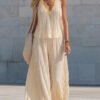Lace V-neck Pleated Striped Loose-fitting Slimming Wide-leg Pants Set