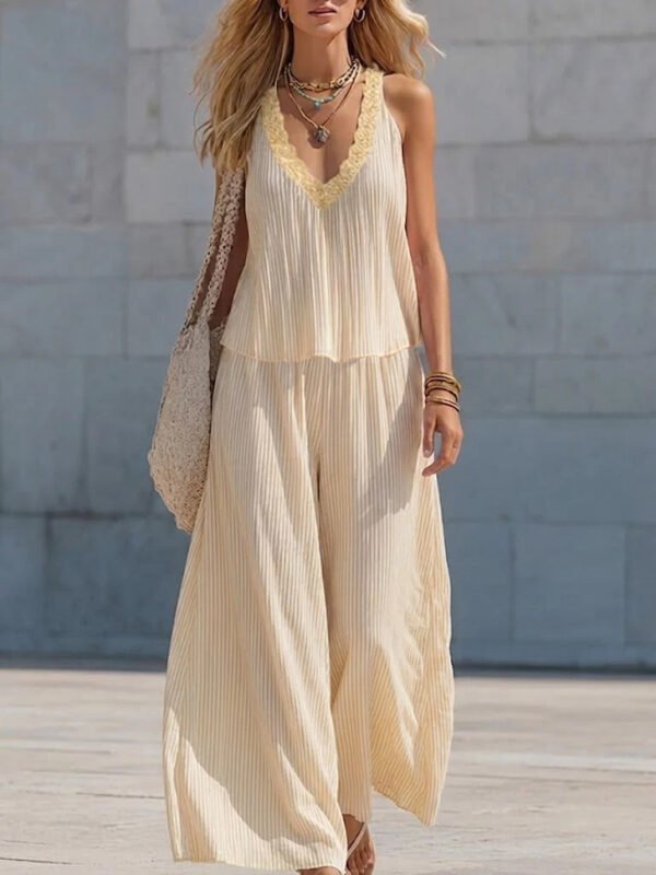 Lace V-neck Pleated Striped Loose-fitting Slimming Wide-leg Pants Set