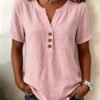Casual Loose-fit Cotton-linen V-neck Button-up Top