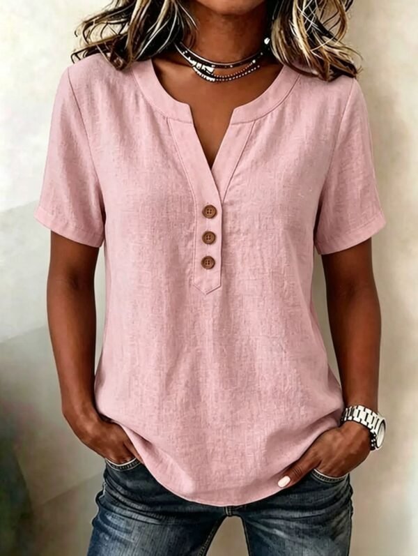 Casual Loose-fit Cotton-linen V-neck Button-up Top