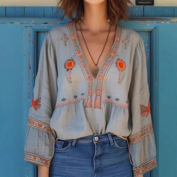 Designer-style V-neck Loose-fit Long-sleeve Top