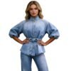 Lace-up Waist-cinching Bell-sleeve Cropped-sleeve Versatile Vintage Denim Shirt