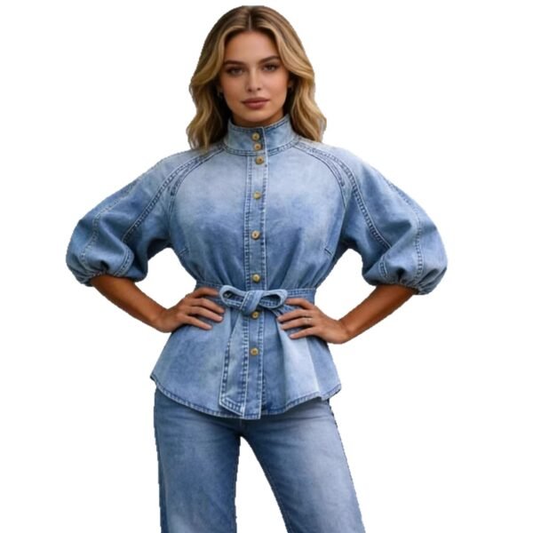 Lace-up Waist-cinching Bell-sleeve Cropped-sleeve Versatile Vintage Denim Shirt