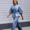 Lace-up Waist-cinching Bell-sleeve Cropped-sleeve Versatile Vintage Denim Shirt