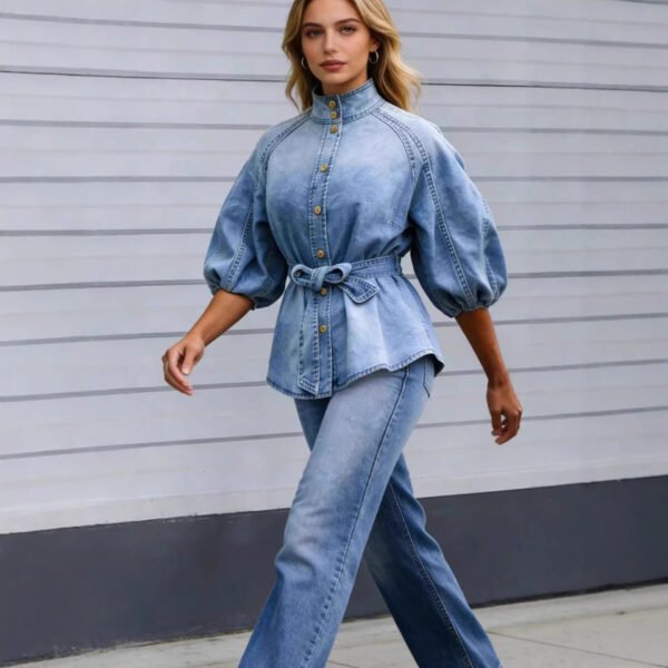 Lace-up Waist-cinching Bell-sleeve Cropped-sleeve Versatile Vintage Denim Shirt