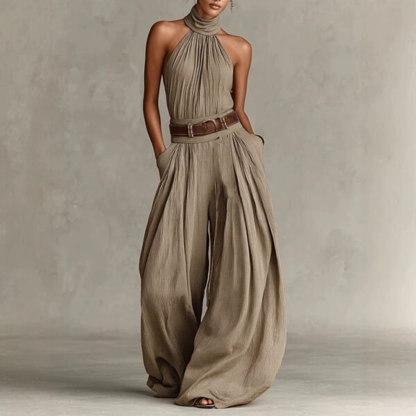 Solid-color Sleeveless Halter-neck Slim-fit Jumpsuit For Women