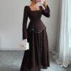 Square Neck Flare Long Sleeve Pearl Trim Waist Maxi Formal Evening Dress