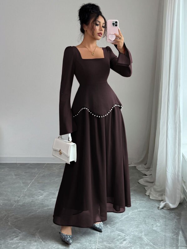 Square Neck Flare Long Sleeve Pearl Trim Waist Maxi Formal Evening Dress