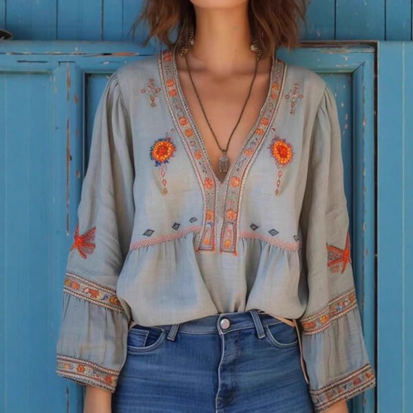 Designer-style V-neck Loose-fit Long-sleeve Top