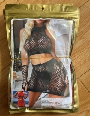 Women 4 Piece Fishnet Lingerie Set Halter Crop Top Mini Skirt Long Gloves Hollow Out Mesh Bodysuit Outfit