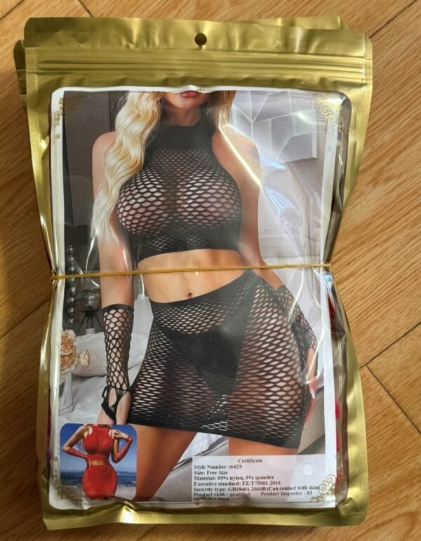 5d1a8a44-0953-46df-8012-65abaf497155.jpg Women 4 Piece Fishnet Lingerie Set Halter Crop Top Mini Skirt Long Gloves Hollow Out Mesh Bodysuit Outfit