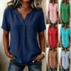 Casual Loose-fit Cotton-linen V-neck Button-up Top