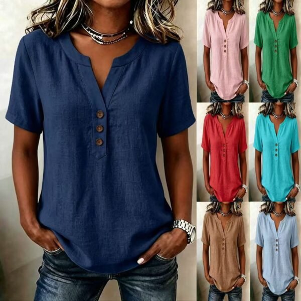 Casual Loose-fit Cotton-linen V-neck Button-up Top