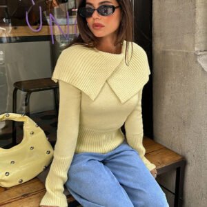 Womens Solid-Color Lapel Knitted Pullover Sweater