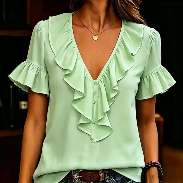 Womens Short-Sleeved T-Shirt With Ruffled Hem And V-Neck