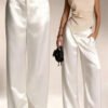 Womens Casual Solid-color Satin Wide-leg Pants