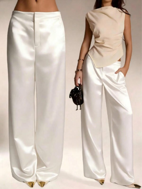 Womens Casual Solid-color Satin Wide-leg Pants