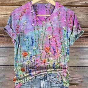 3D Digital Print T-Shirt Womens V-Neck Short-Sleeve Top