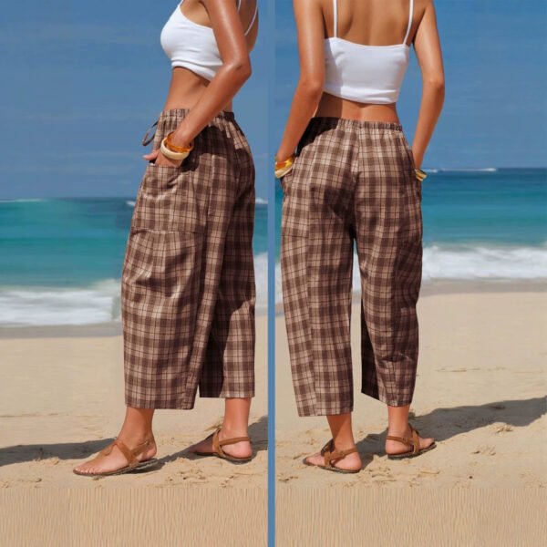 Retro Plaid Drawstring Casual Pants High-Waisted Slimming Straight-Leg Cropped Trousers