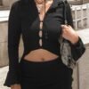 Womens Long-sleeve Off-shoulder, Midriff-baring Top Paired With A Figure-hugging Skirt Set
