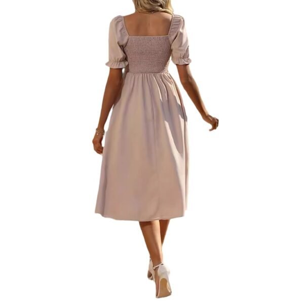 7167978e-71f2-4ffb-bf6e-97c35123dc6d.jpg Womens Square-neck Pleated Short-sleeve Dress With Buttons