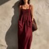 Olive Green Cotton-Linen Strap For Women Loose-Fitting Slimming Long Dress In A Vacation Style