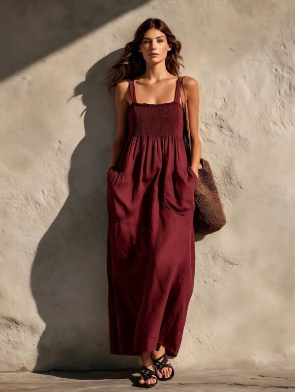 Olive Green Cotton-Linen Strap For Women Loose-Fitting Slimming Long Dress In A Vacation Style