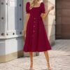 751edb10-20d9-426b-960a-5263536045e4.jpg Womens Square-neck Pleated Short-sleeve Dress With Buttons
