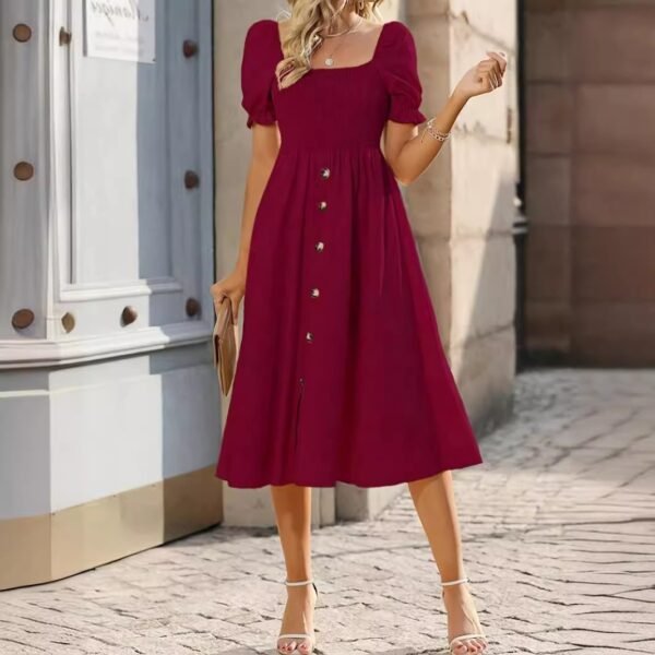 751edb10-20d9-426b-960a-5263536045e4.jpg Womens Square-neck Pleated Short-sleeve Dress With Buttons