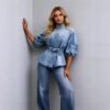 Lace-up Waist-cinching Bell-sleeve Cropped-sleeve Versatile Vintage Denim Shirt