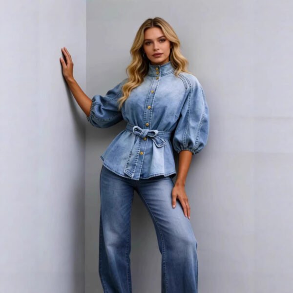 Lace-up Waist-cinching Bell-sleeve Cropped-sleeve Versatile Vintage Denim Shirt