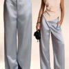 Womens Casual Solid-color Satin Wide-leg Pants