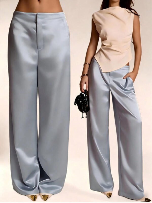 Womens Casual Solid-color Satin Wide-leg Pants