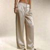 Womens Casual Solid-color Satin Wide-leg Pants