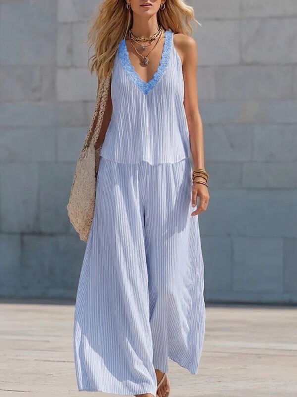 Lace V-neck Pleated Striped Loose-fitting Slimming Wide-leg Pants Set