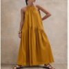 7a7c543e-aa50-4cda-bd1b-f9b89d451e8d.jpg Halter-neck Sleeveless Cotton-linen Dress