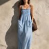 Olive Green Cotton-Linen Strap For Women Loose-Fitting Slimming Long Dress In A Vacation Style