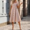 83c30209-2446-4ce9-b92d-0ef3c38146b9.jpg Womens Square-neck Pleated Short-sleeve Dress With Buttons