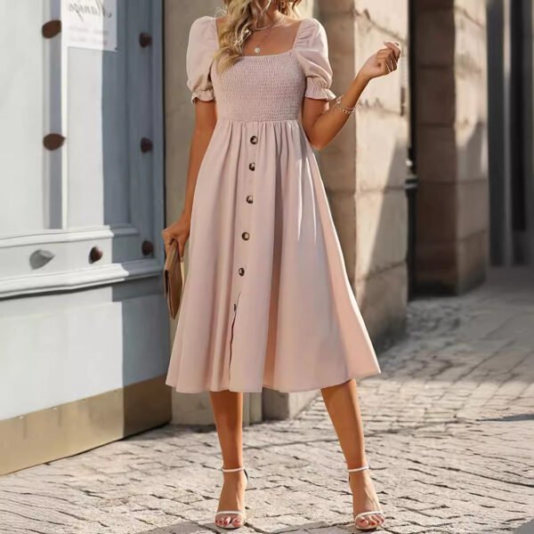 83c30209-2446-4ce9-b92d-0ef3c38146b9.jpg Womens Square-neck Pleated Short-sleeve Dress With Buttons