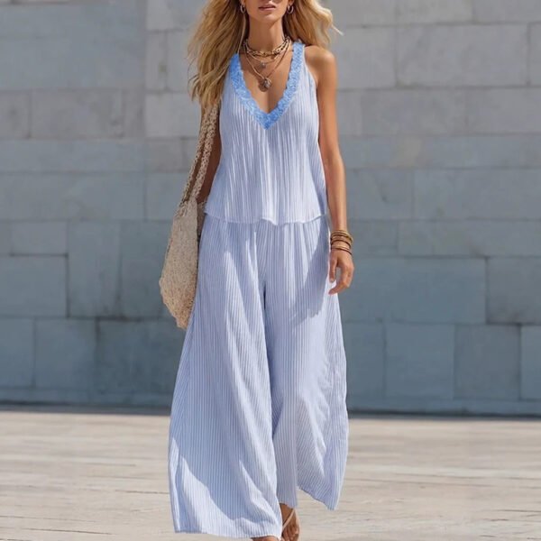 Lace V-neck Pleated Striped Loose-fitting Slimming Wide-leg Pants Set
