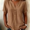 Casual Loose-fit Cotton-linen V-neck Button-up Top