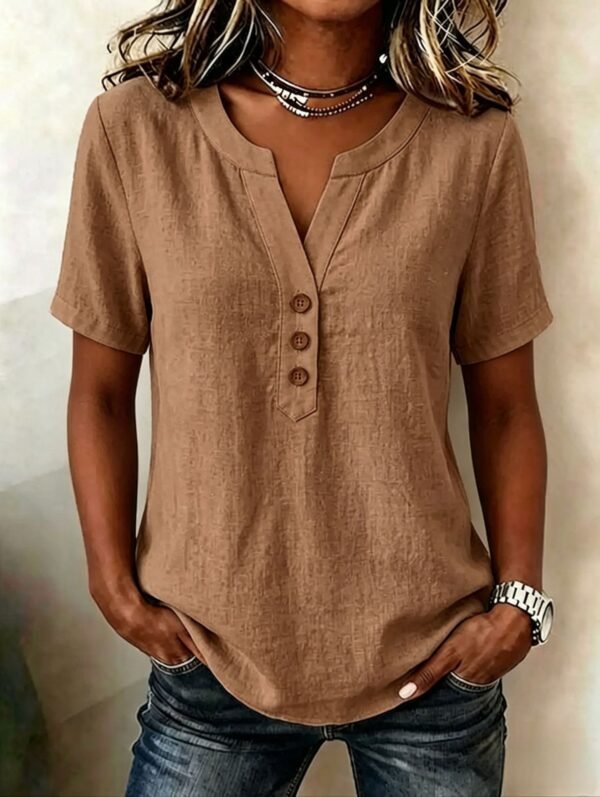 Casual Loose-fit Cotton-linen V-neck Button-up Top
