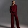 Womens Solid-color Polo-collar Wide-leg Pants Set