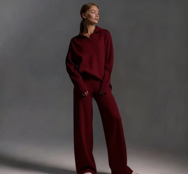 Womens Solid-color Polo-collar Wide-leg Pants Set
