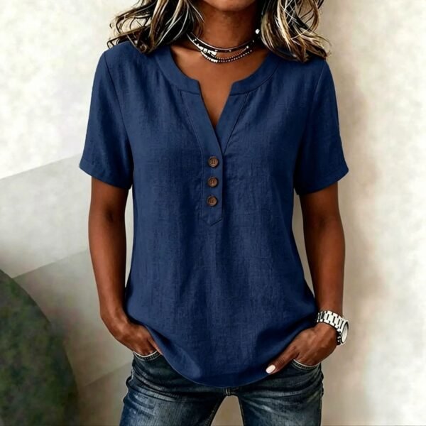 Casual Loose-fit Cotton-linen V-neck Button-up Top